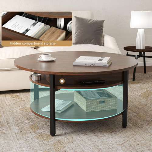 Mesa De Centro Redonda Elevable Con Almacenamiento Color Esp