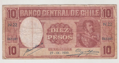 Billete Chile 10 Pesos 27 Septiembre 1939 N22 (c85)