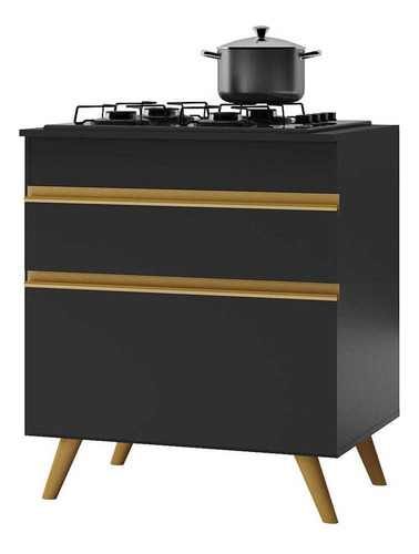 Balcão Cozinha Para Cooktop 70cm Veneza Multimóveis V3706 Cor Preto/dourado