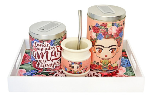 Imagen 1 de 2 de Kit Bandeja Desayuno Yerbera Azucarera Mate Frida Khalo 2