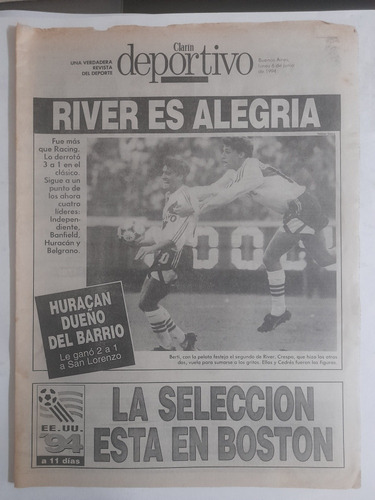 Clarin Deportivo 6/6/94 River 3 Racing 1 , Huracan 2 Casla 1