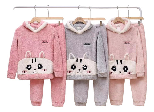 Pijama Mujer Polar Súper Abrigador Con Capucha Diseño Gata