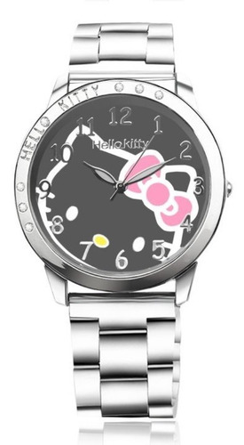 Reloj Hello Kitty Correa Acero Inoxidable Fondo Negro