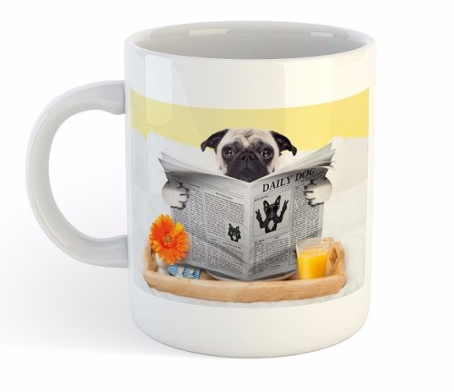 Taza De Ceramica Perro Pug Leyendo Puppy Mascota Desayuno