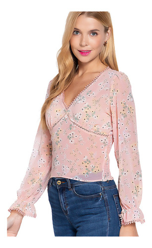 Blusa De Chifón Gasa Con Estampado Floral  Rosa Ac