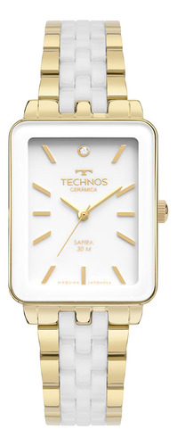 Relógio Technos Feminino Ceramic/saphire Dourado - 2035mzp/1 Correia Bicolor Bisel Branco