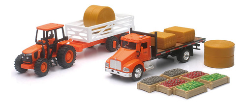 Newray Kubota Farm Playset Con Balas Y Jaulas De Remolque De