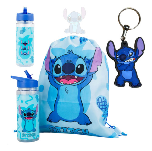 Stitch Garrafa Disney 450 Ml Mochila Sacola Stitch Azul Kit Chaveiro Emborrachado