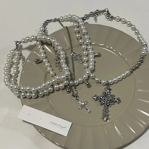 Collar Pearl Cross Con Cadena De Clavícula Multicapa Para Mu