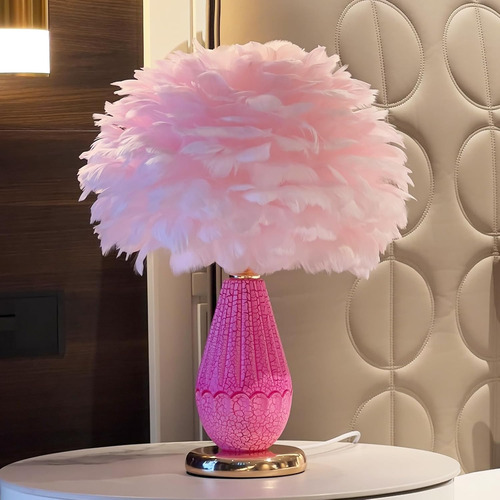 Lámpara De Plumas Rosa Para Mesita De Noche Con Doble Luz, L