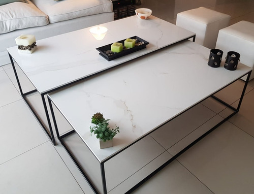 Imagen 7 de 8 de Mesa Ratona Auxiliar Apoyo Lateral Nido Hierro Simil Mármol