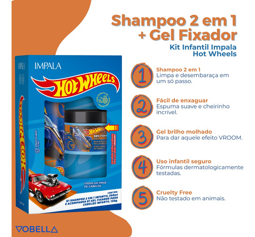 Kit Shampoo 2 Em 1 Gel Fixador Kids Hot Wheels Azul Impala