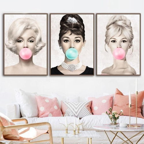 Set Cuadro Marilyn Monroe Audrey Hepburn Brigitte 3pz 25x30