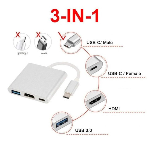 Imagen 7 de 10 de Adaptador Hub 3 En 1 Usb-c A Hdmi, Usbc, Usb 3.0 - 4k