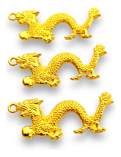 Amuleto Dragon Dije Metal Dorado Prosperidad 3 Piezas