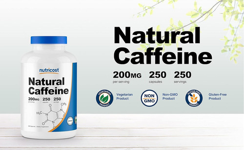 Nutricost Natural Caffeine Cafeína 250 Cápsulas Sabor Sin Sabor
