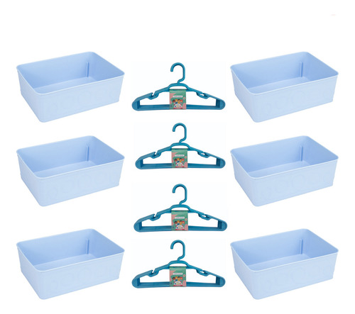 Kit 6 Cestos Multiuso Decorativo E 20 Cabides Infantis Azul
