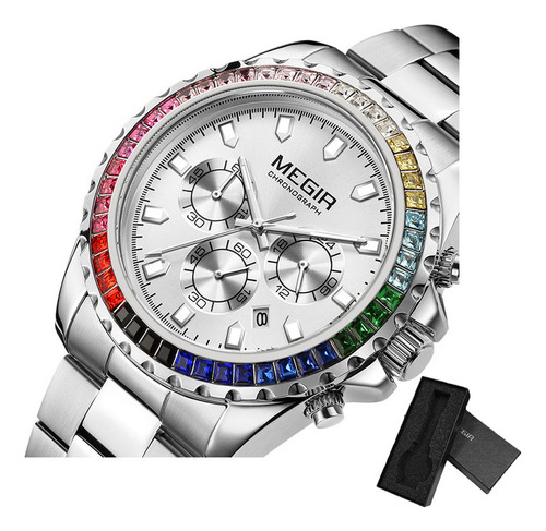 Reloj de pulsera Megir 2227 de cuerpo color sliver, analógico, para hombre, con correa de acero inoxidable color plateado y hebilla simple