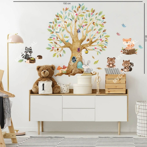Vinilo Decorativo Infantil Arbol Y Animales Del Bosque Bebe
