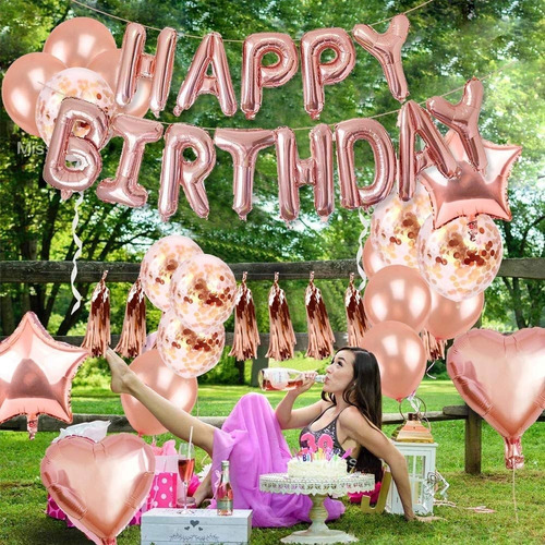 Set Feliz Cumpleaños Rosa Gold Estrella Confeti Borlas