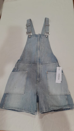 Dungaree Short Guess Azul Medio Deslavado Logo En Piel 24 25