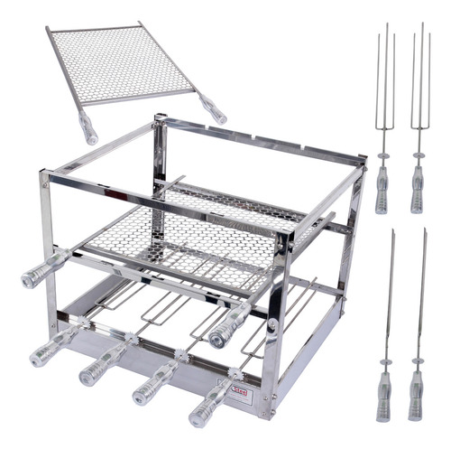 Kit Churrasqueira Suporte Inox Grelha Espeto 60cm Compriment