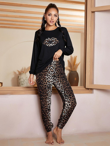 Conjunto De Pijama De Manga Larga Con Estampado De Leopardo