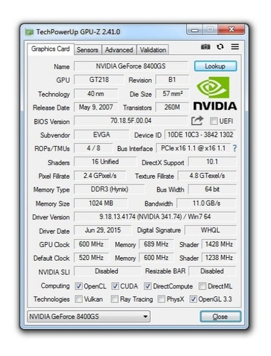 Imagen 2 de 4 de Tarjeta De Video Geforce 1g Ddr3 Evga 8400gs