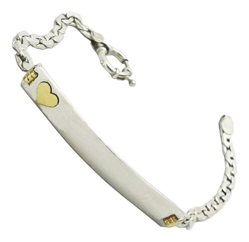 Pulsera Plata Y Oro Corazon Adulto Pulserita Dama P/ Grabar Diámetro 18 Cm