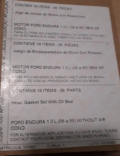 Juego Empacadura Fiesta 1.3 Ford Sabo