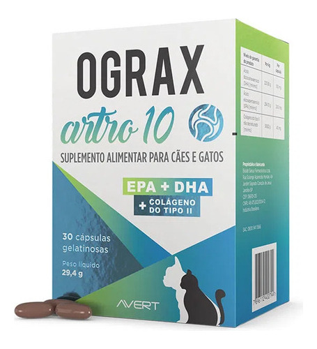 Suplemento Avert Ograx Artro 10 Para Cães E Gatos 30 Cmp