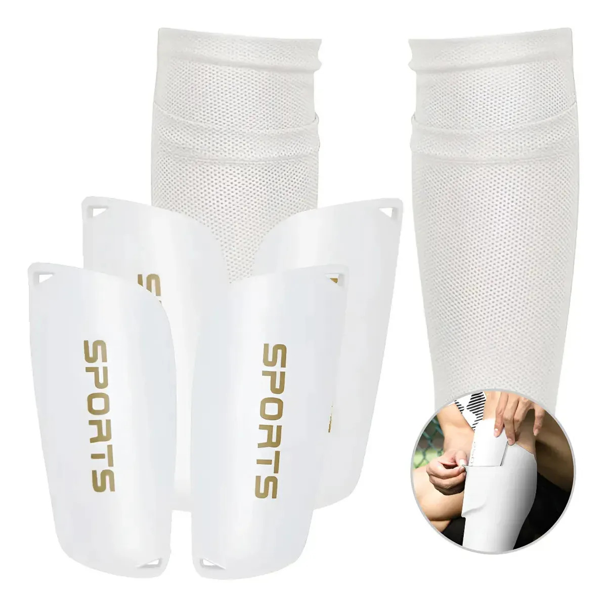Pack de Espinilleras y Porta Espinilleras para Fútbol, Blancas, Talla P