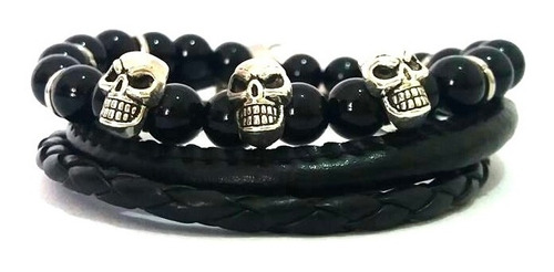 Pulsera Hombre 3 Pack Calavera Black Cuero