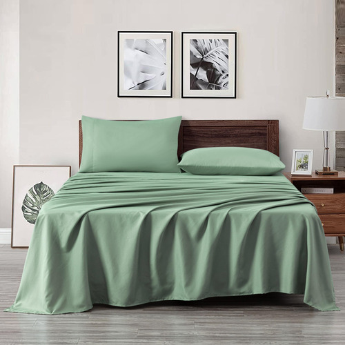 Juego De Sábanas De 4 Piezas Verde Salvia Matrimonial 110gsm