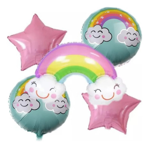 Set Globos Metalizados Arcoiris Nubes 89cm X 5 Pzas