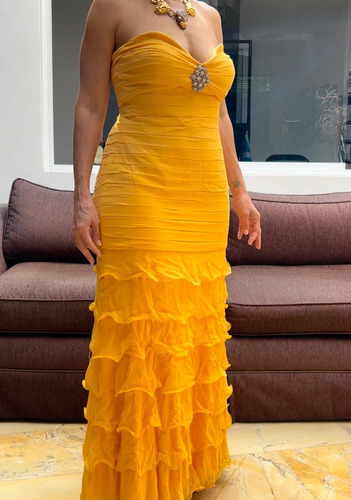 Vestido Largo De Gala - Amarillo-estilo Sirena -alforzas 