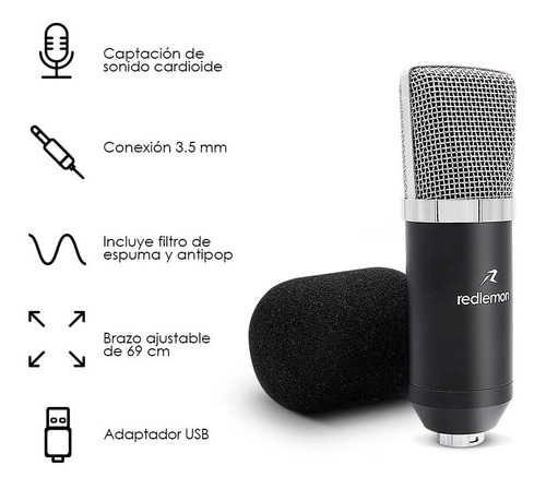 Micrófono Condensador Profesional Aux 3.5mm Antipop Redlemon