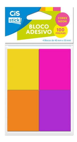 Bloco Adesivo Cis Stick 38 X 50mm C/ 4 Blocos - 100fls Cada Cor Neon