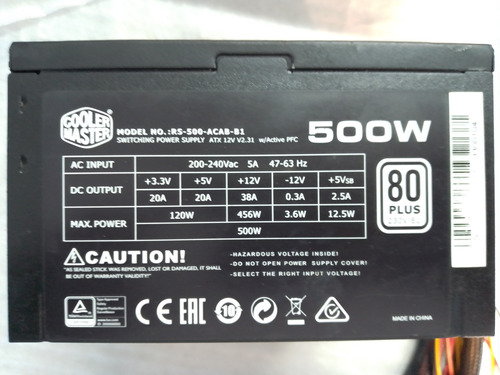 Fuente De Poder Real Atx 500w 80 Plus Rs-500-a Cooler Master