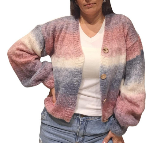 Cardigan Friz Multicolor Manga Globo Saco Abrigo Mujer Moda 