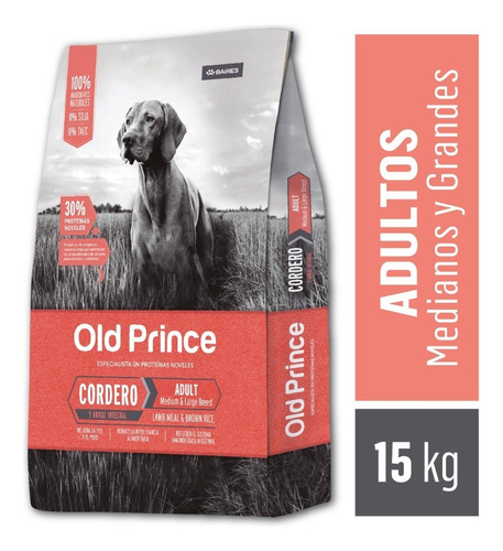 Alimento Old Prince Proteínas Noveles perro adulto de raza pequeña sabor cordero para perro adulto de raza mediana y grande sabor cordero en bolsa de 15 kg