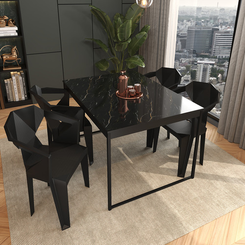 Conjunto De Jantar Industrial Com Mesa 120x90cm Tampo Mármore Preto E 4 Cadeiras Pretas Geométricas
