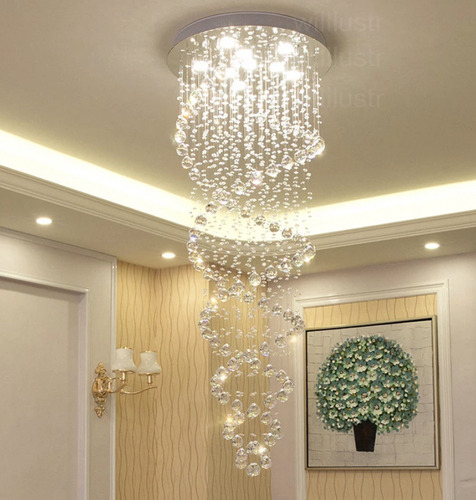 Lustre De Cristal Legitimo Pe Direito Alto/duplo Base 50 Cm Estrutura Prateado 2 Metros 127/220v