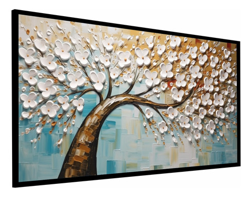 Quadro Decorativo Arvore Flores Brancas Moderna Com Moldura