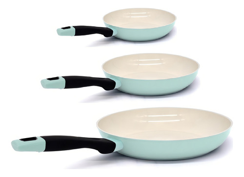 Jgo 3pz Sartenes Ceramica Antiadherente C/ Fibra De Carbon Color Beige/jade