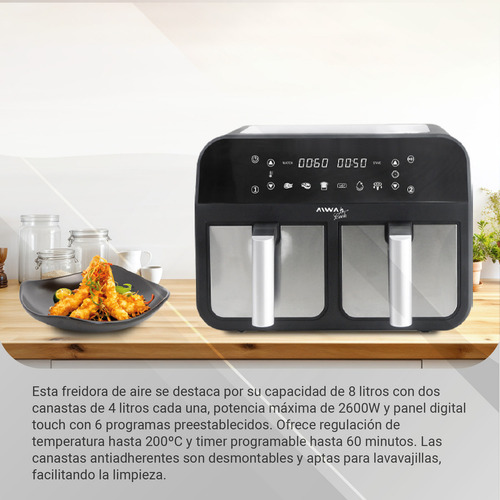Freidora De Aire Digital Aiwa Doble Canasto 4 + 4 Litros Negro/plateado
