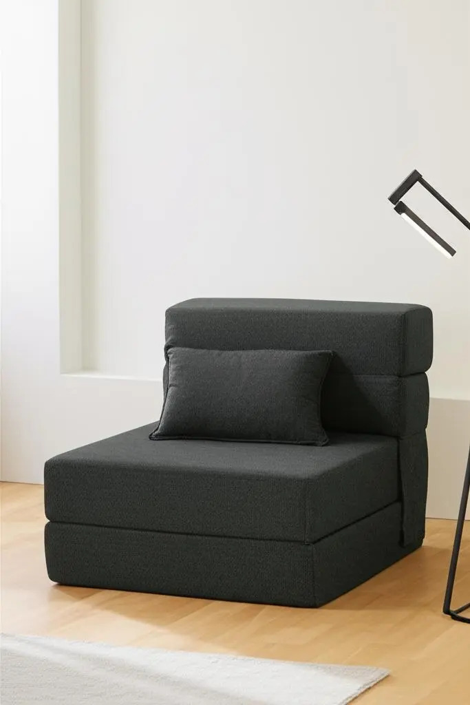 Sofá-cama dobrável moderno de linho cinza escuro com travesseiro