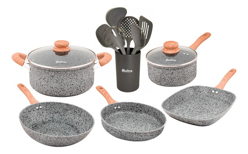 Set X14 Stone Granito Cacerolas Sarten Wok Bifera Utensilios