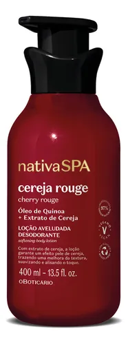 Frasco da loção hidratante Nativa Spa Cereja Rouge de 400ml com tampa pump preta sobre fundo branco