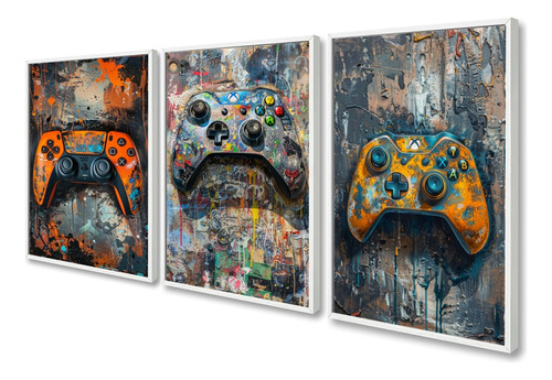 Kit 3 Quadros Decorativos Controle Gamer Jogos Com Moldura